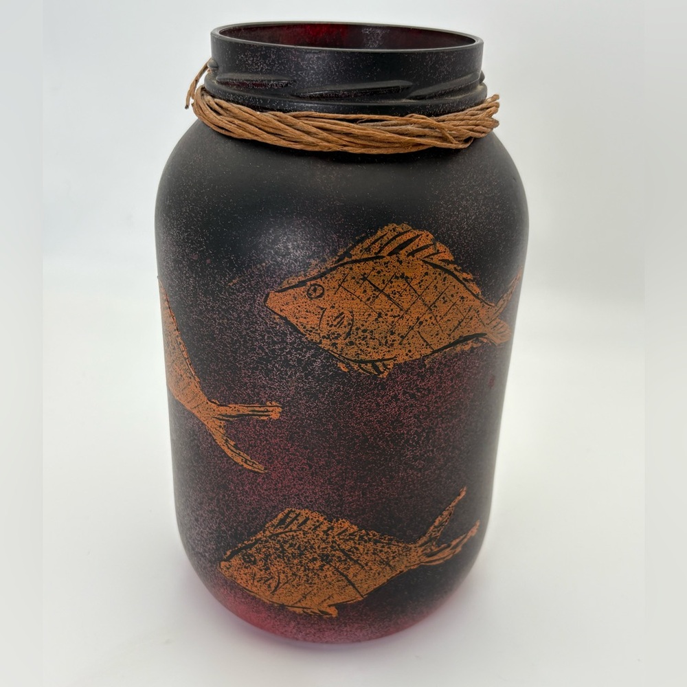 Decorative Black and Red Textured Jar/Vase with Orange Fish Design